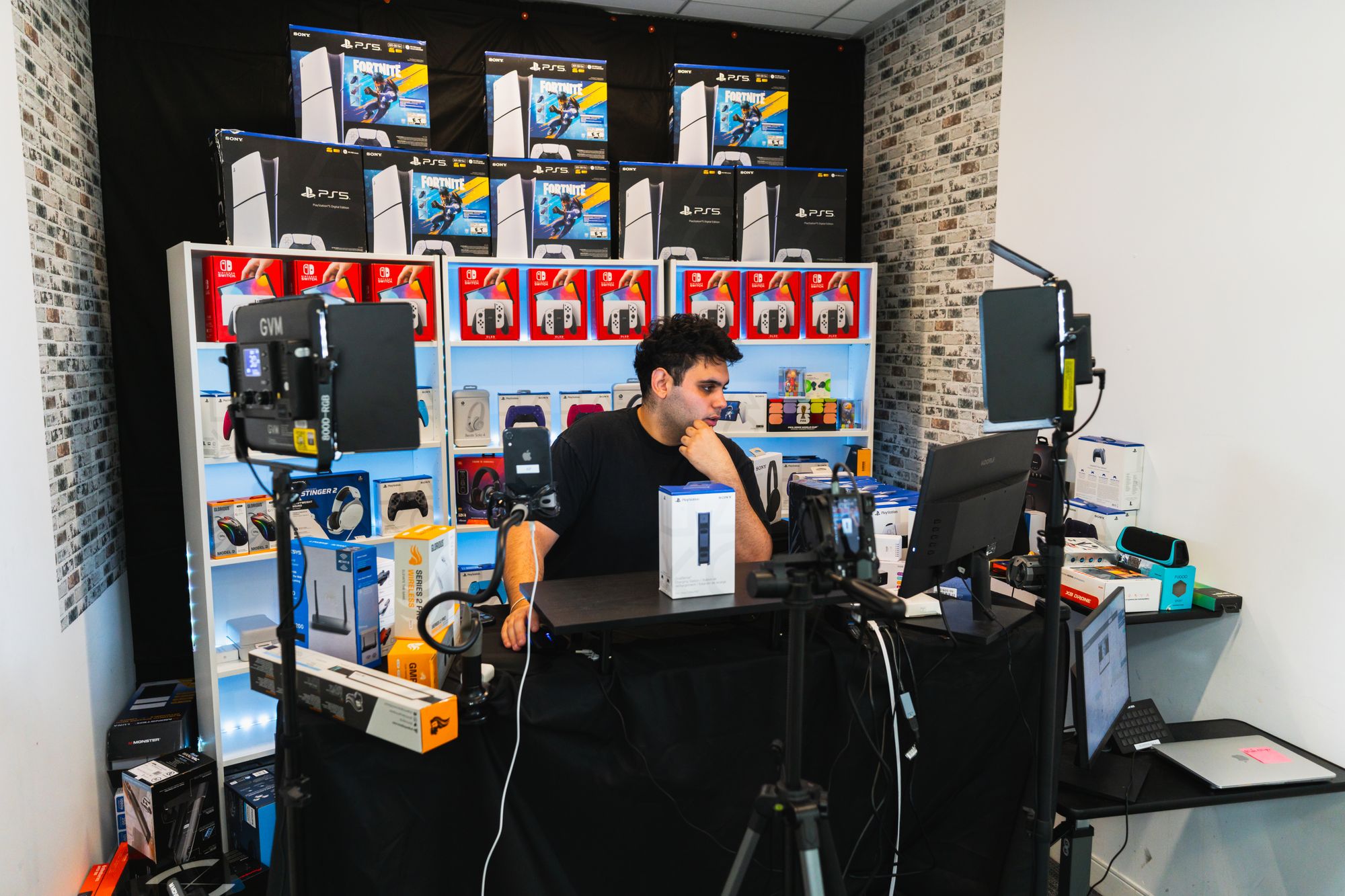 A live room stocked with consoles and accessories